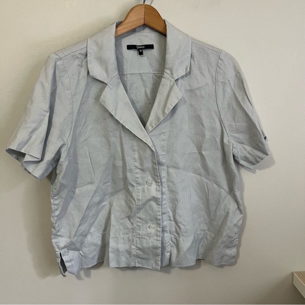 Quince Light Gray Short Sleeve Linen Button Down Shirt, Size Small